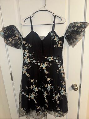 Black Floral Off-Shoulder A-Line Dress with Lace Sleeves